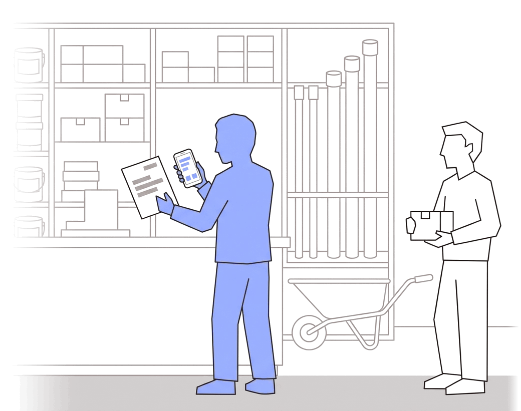 Illustration: a customer checks an invoice on his phone in a hardware store, next to an employee carrying a box.