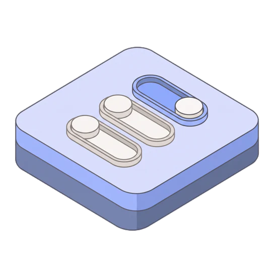 Isometric illustration of two toggle switches, one on and one off.