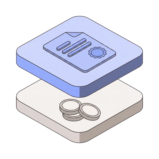 Isometric illustration of an invoice above a stack of coins.