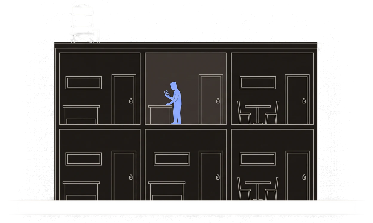 Illustration of a two-story building with six units separated by doors; one person works in one of them.