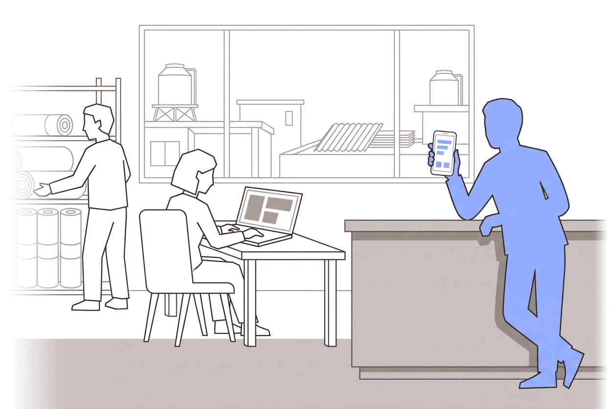 Illustration: a customer leaning on a hardware-store counter looks at his phone while an employee works on a laptop.