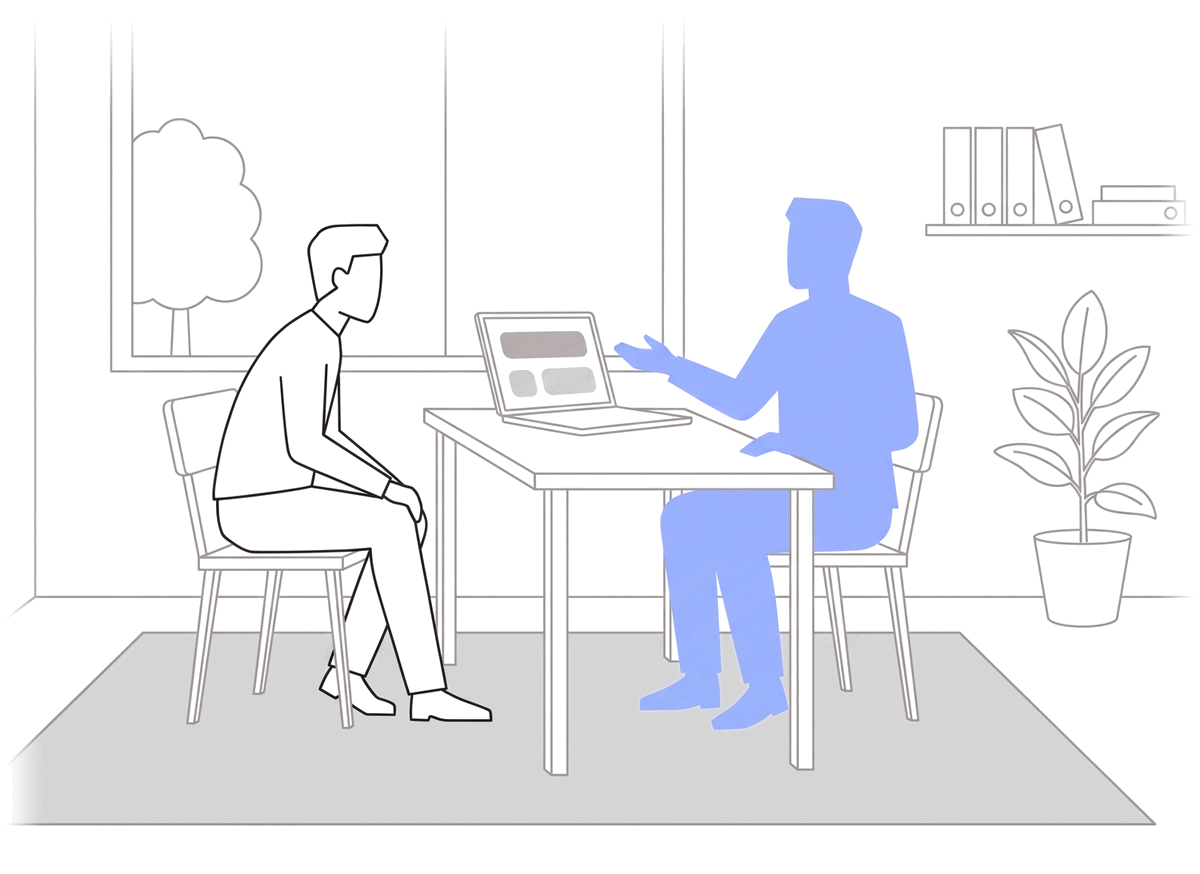 Illustration: two people talk in front of a laptop in an office.